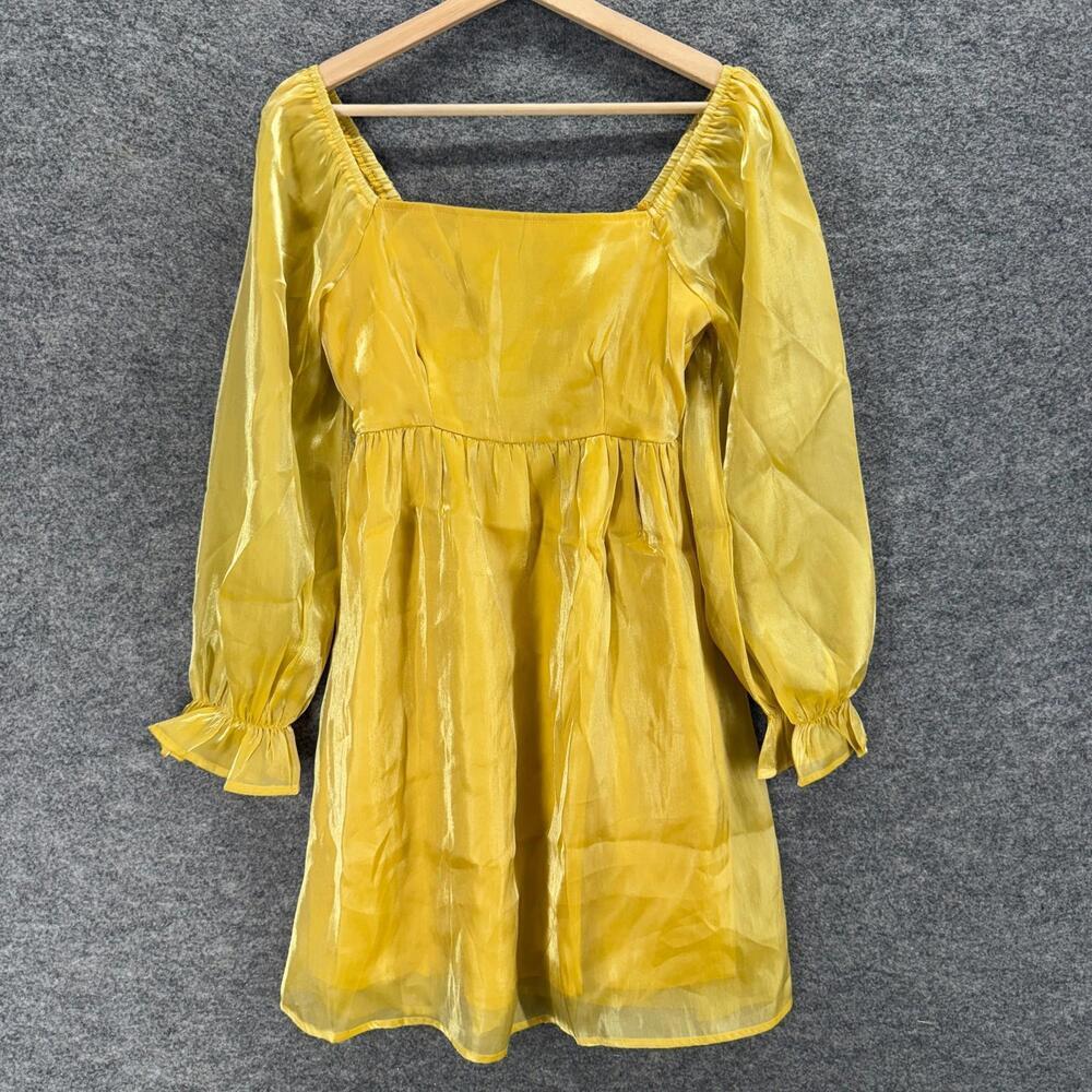 Yellow Puff-Sleeve Square Neck Mini Dress